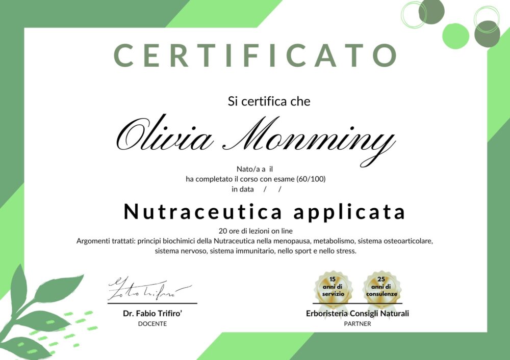 Certificato professionale del corso di Nutraceutica su Udemy by Dr. Fabio Trifiro'
