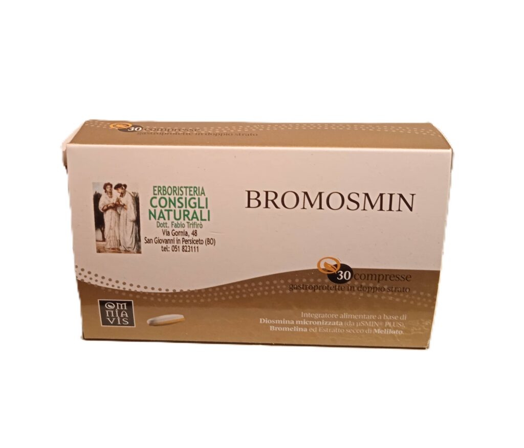 Bionativa Bromosmin è un integratore alimentare prodotto da Fitopreparatori Italiani di Bionativa, che contiene Diosmina micronizzata, Bromelina ed Estratto secco di Meliloto. È utilizzato per supportare la circolazione venosa e linfatica, la funzionalità del microcircolo e del plesso emorroidario, e per contrastare gonfiore e pesantezza alle gambe, specialmente in caso di emorroidi e disturbi venosi.